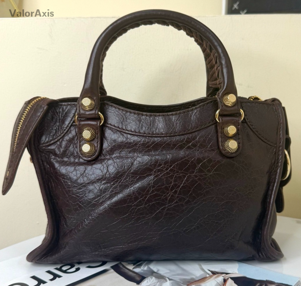 Balenciaga Mini 2Way Top Handle Bag Crossbody Brown Gold Women Classic