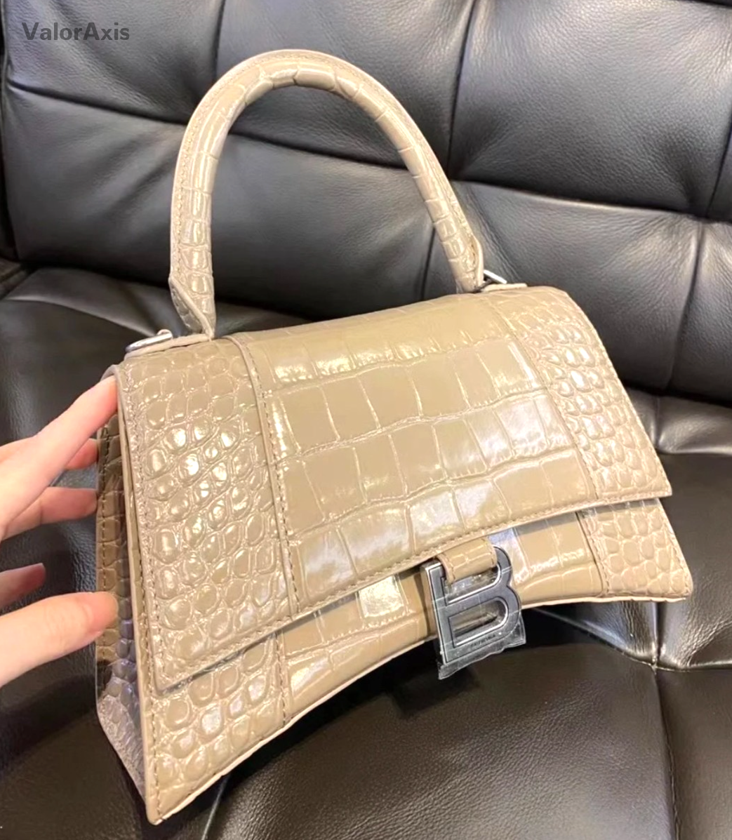 Balenciaga Croc-Embossed Hourglass Bag Top Handle Shoulder Bag Milk Tea Gray