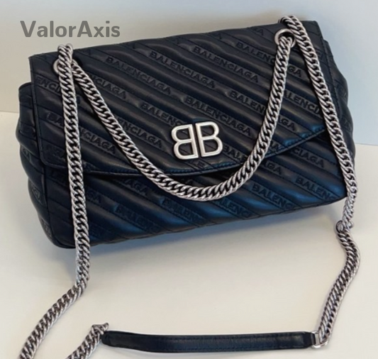 Balenciaga Lock Round Chain Shoulder Bag Black Silver Used Women Classic