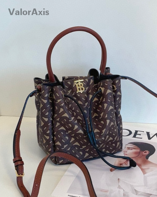 Burberry Monogram Top Handle Bucket 2way Shoulder Handbag Women Brown
