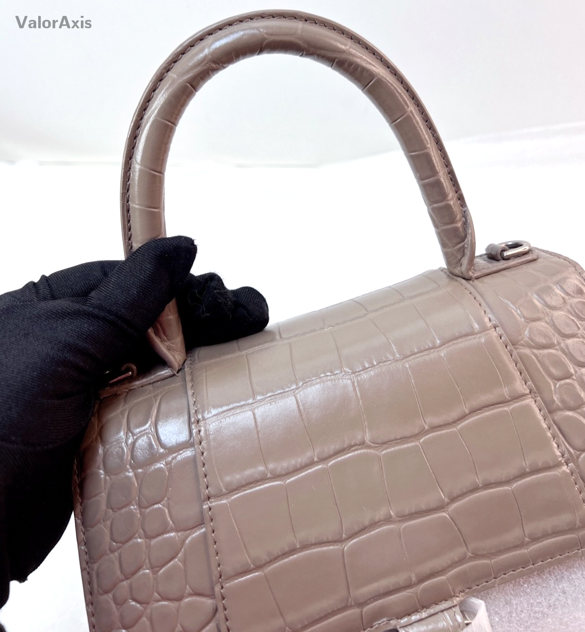 Balenciaga Croc-Embossed Hourglass Bag Top Handle Shoulder Bag Milk Tea Gray