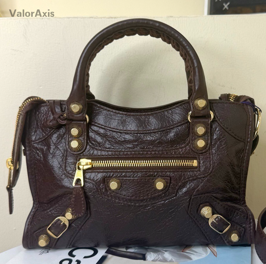 Balenciaga Mini 2Way Top Handle Bag Crossbody Brown Gold Women Classic