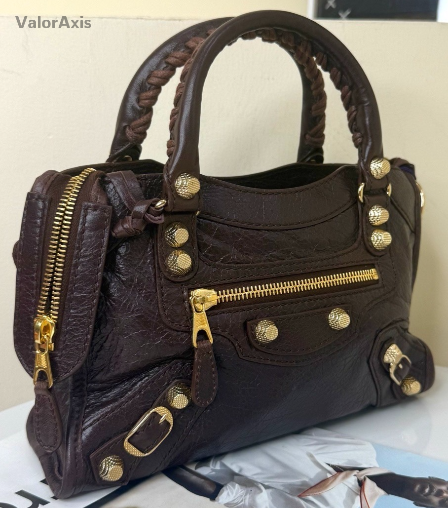 Balenciaga Mini 2Way Top Handle Bag Crossbody Brown Gold Women Classic