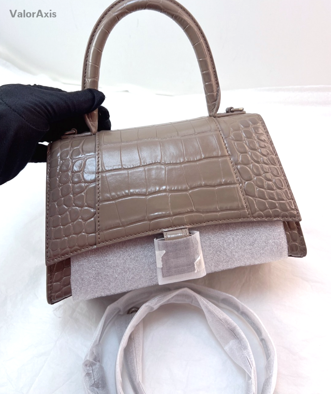 Balenciaga Croc-Embossed Hourglass Bag Top Handle Shoulder Bag Milk Tea Gray