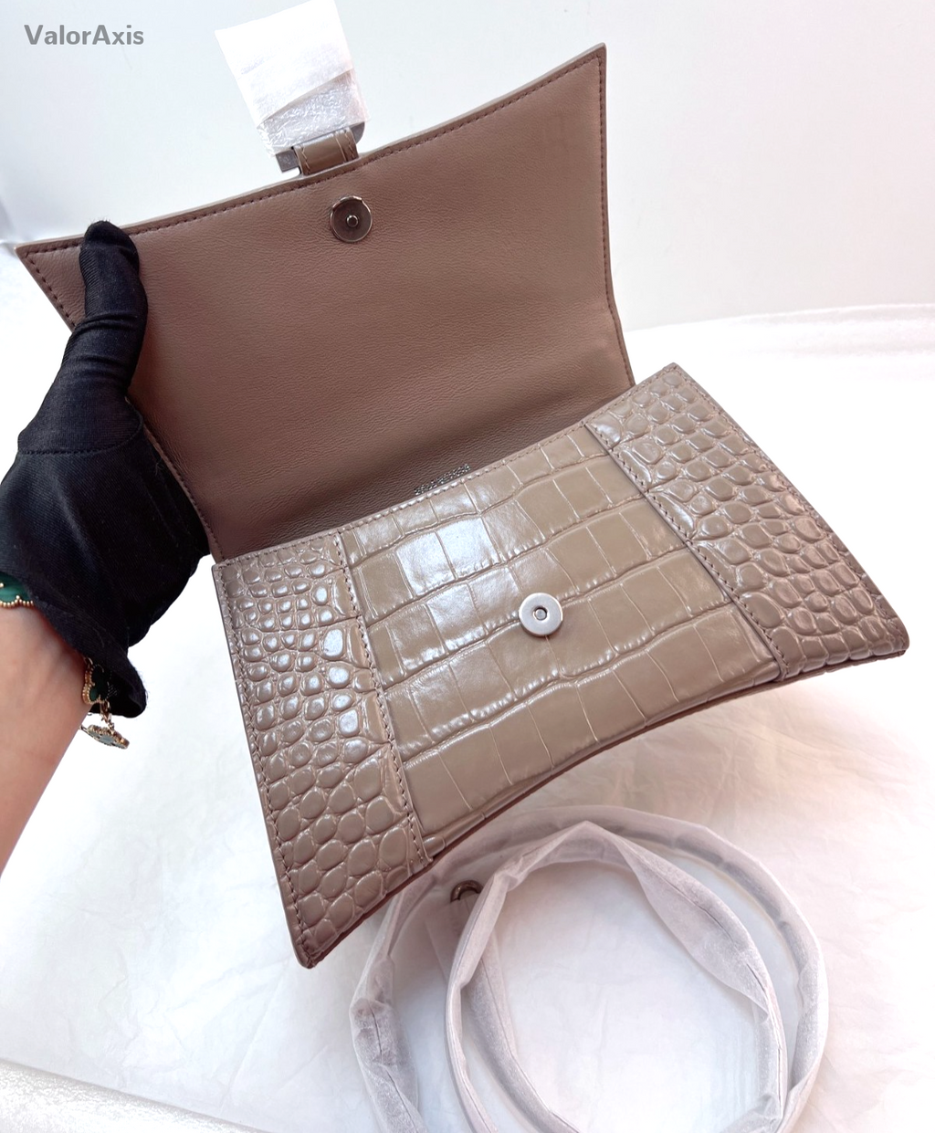 Balenciaga Croc-Embossed Hourglass Bag Top Handle Shoulder Bag Milk Tea Gray