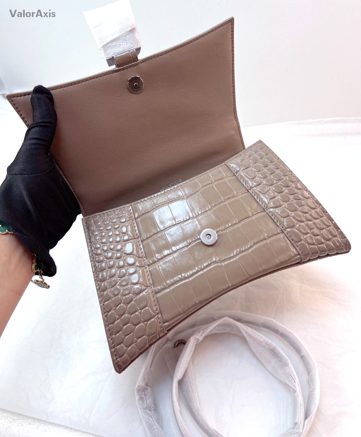 Balenciaga Croc-Embossed Hourglass Bag Top Handle Shoulder Bag Milk Tea Gray