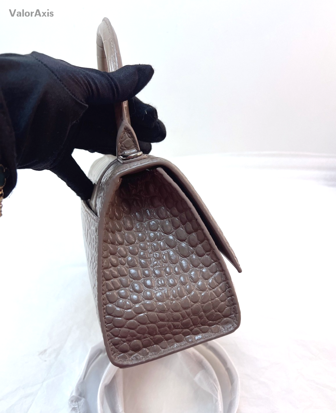 Balenciaga Croc-Embossed Hourglass Bag Top Handle Shoulder Bag Milk Tea Gray