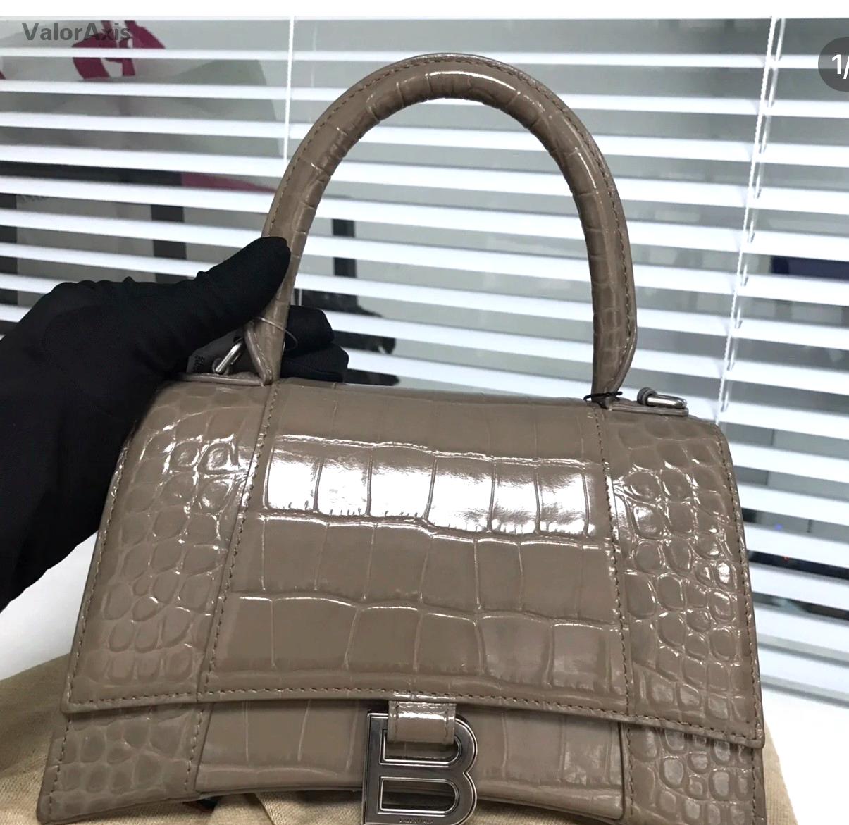 Balenciaga Croc-Embossed Hourglass Bag Top Handle Shoulder Bag Milk Tea Gray