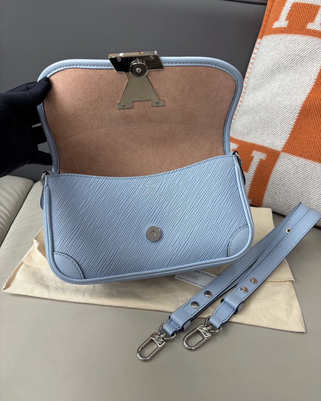 Louis Vuitton Buci Epi Leather Shoulder Bag Underarm Bag Light Blue LV Logo