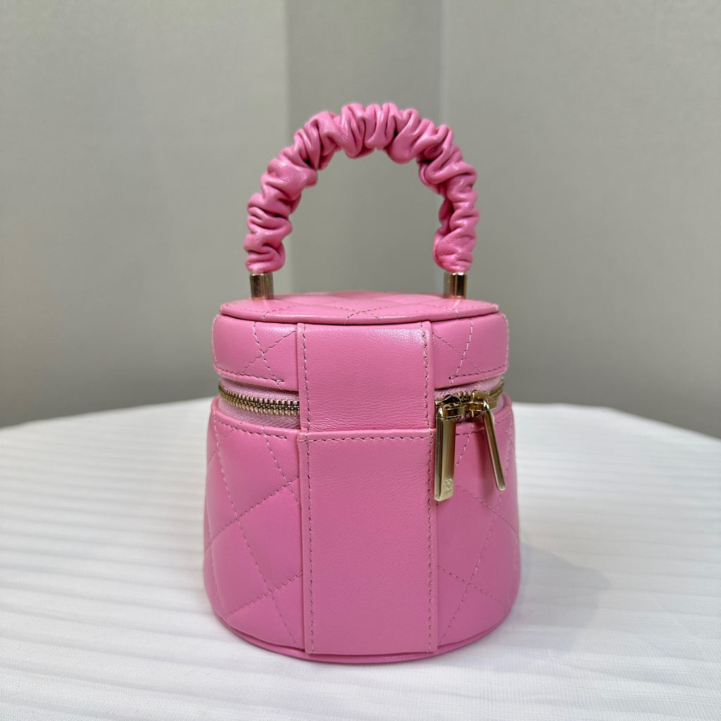 Chanel Diamond Bucket Top Handle Bag Pink Gold Used Women Classic