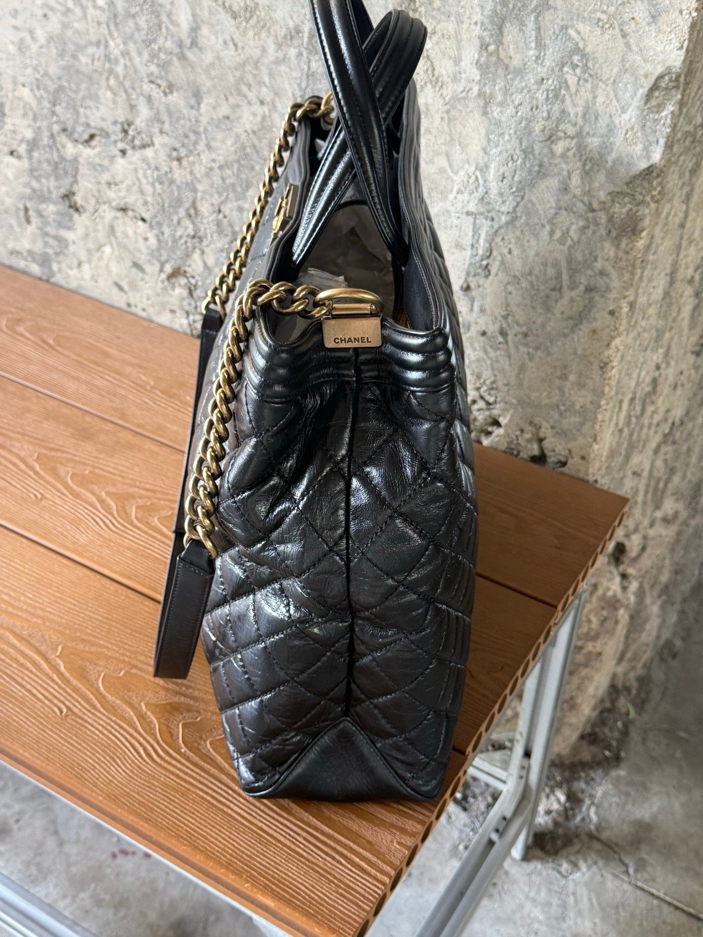 Authentic Chanel Leboy Tote Oil Wax Chain Top Handle Shoulder Bag Black GHD