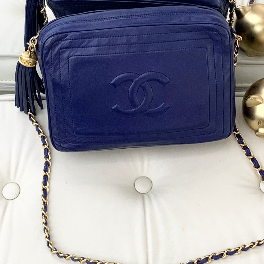 Chanel Tassel Calfskin Chain Shoulder Crossbody Bag Blue Gold Hardware Women S
