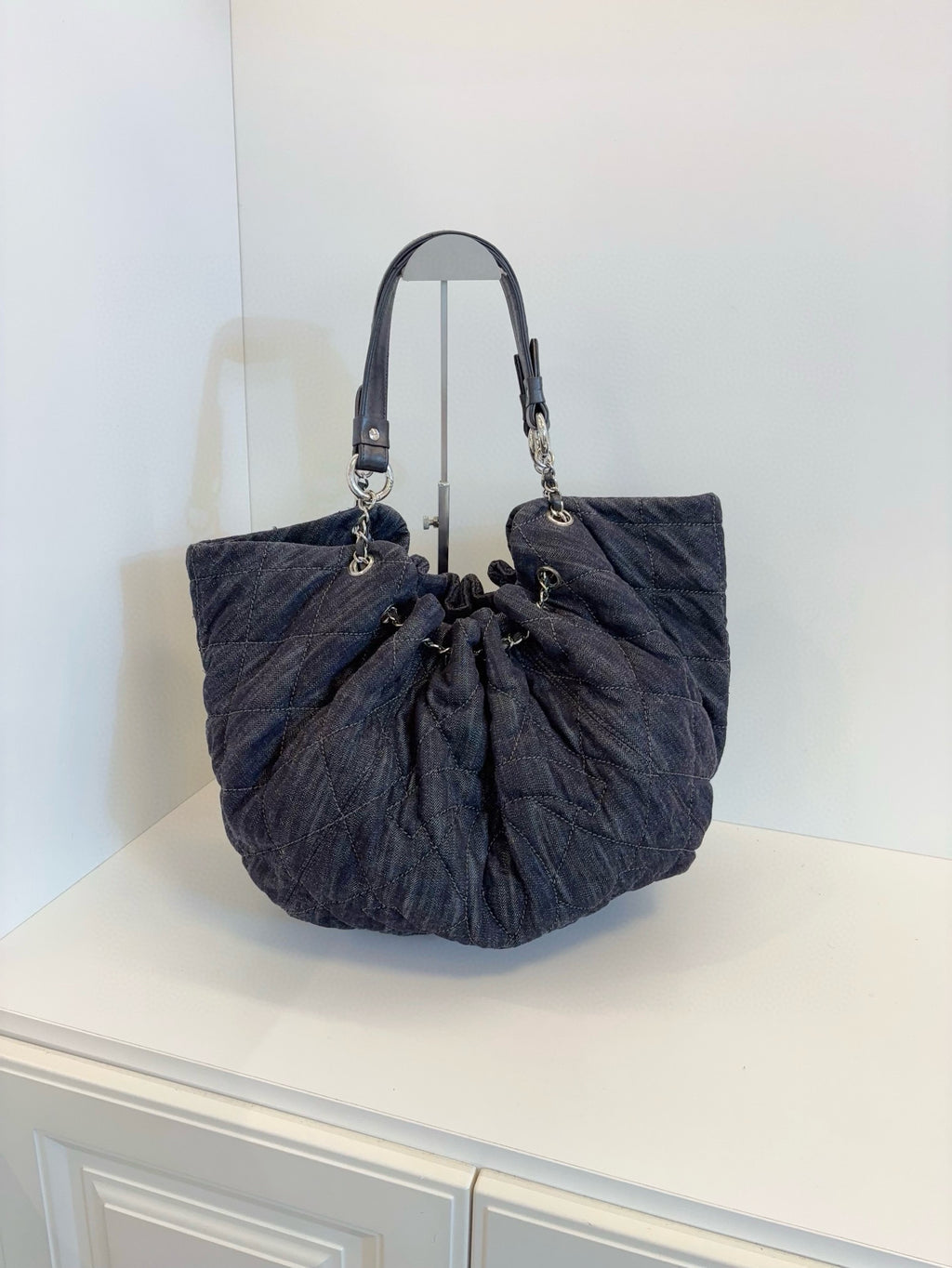 Chanel Double C Hobo Shoulder Bag Black Denim Stitched Logo Drawstring