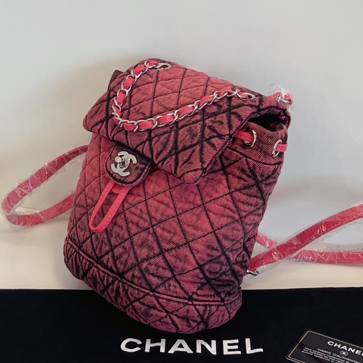 Chanel Washed Denim Backpack Mini Diamond Pink Silver Used Women Classic