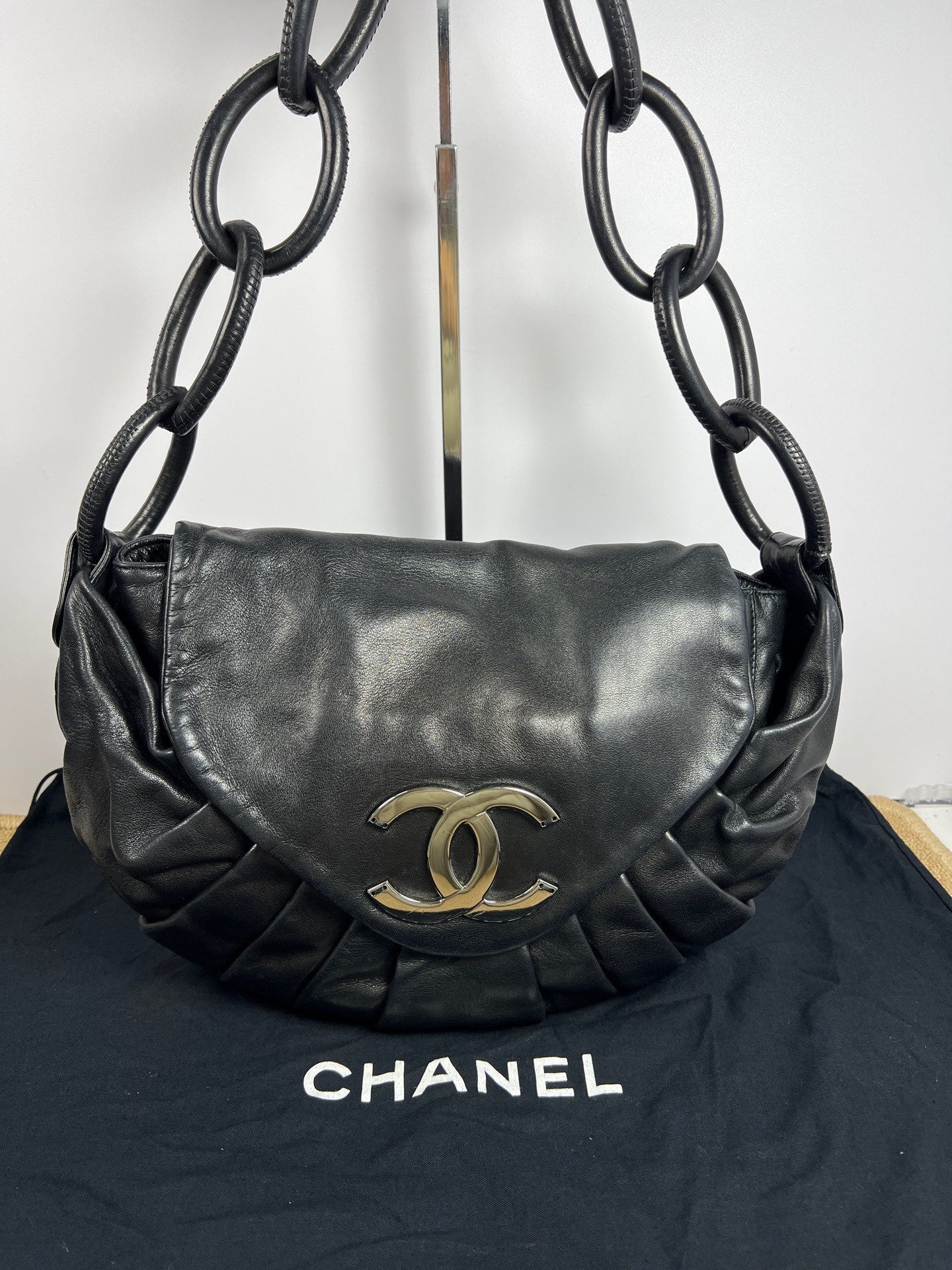 Chanel Vintage Hobo Bag Chain Handbag Shoulder Bag Black Silver Used Women