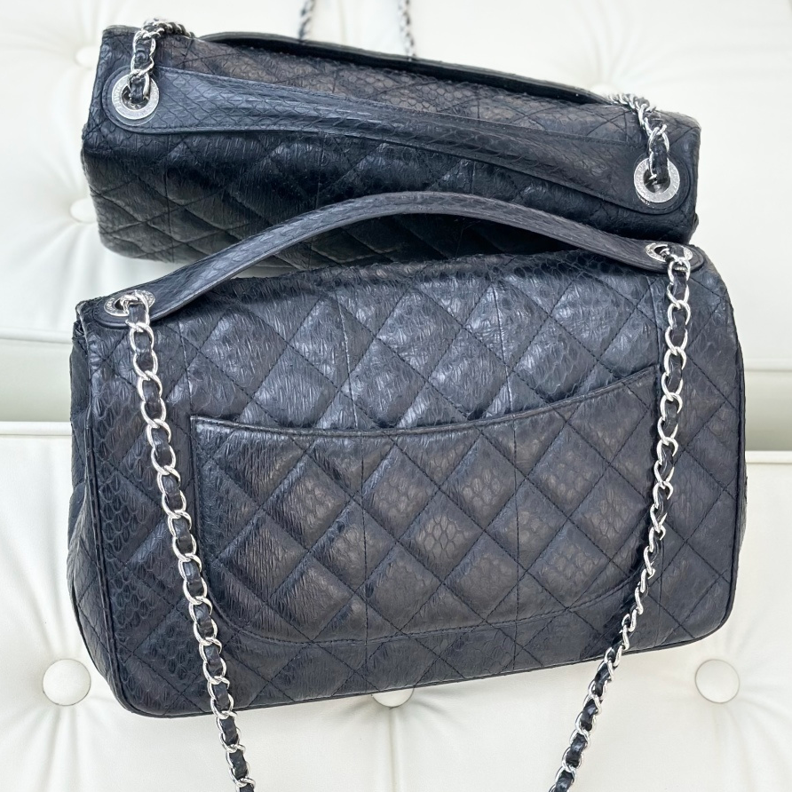 Chanel Classic Flap Jumbo Snakeskin Chain Top Handle Crossbody Bag Black Women S