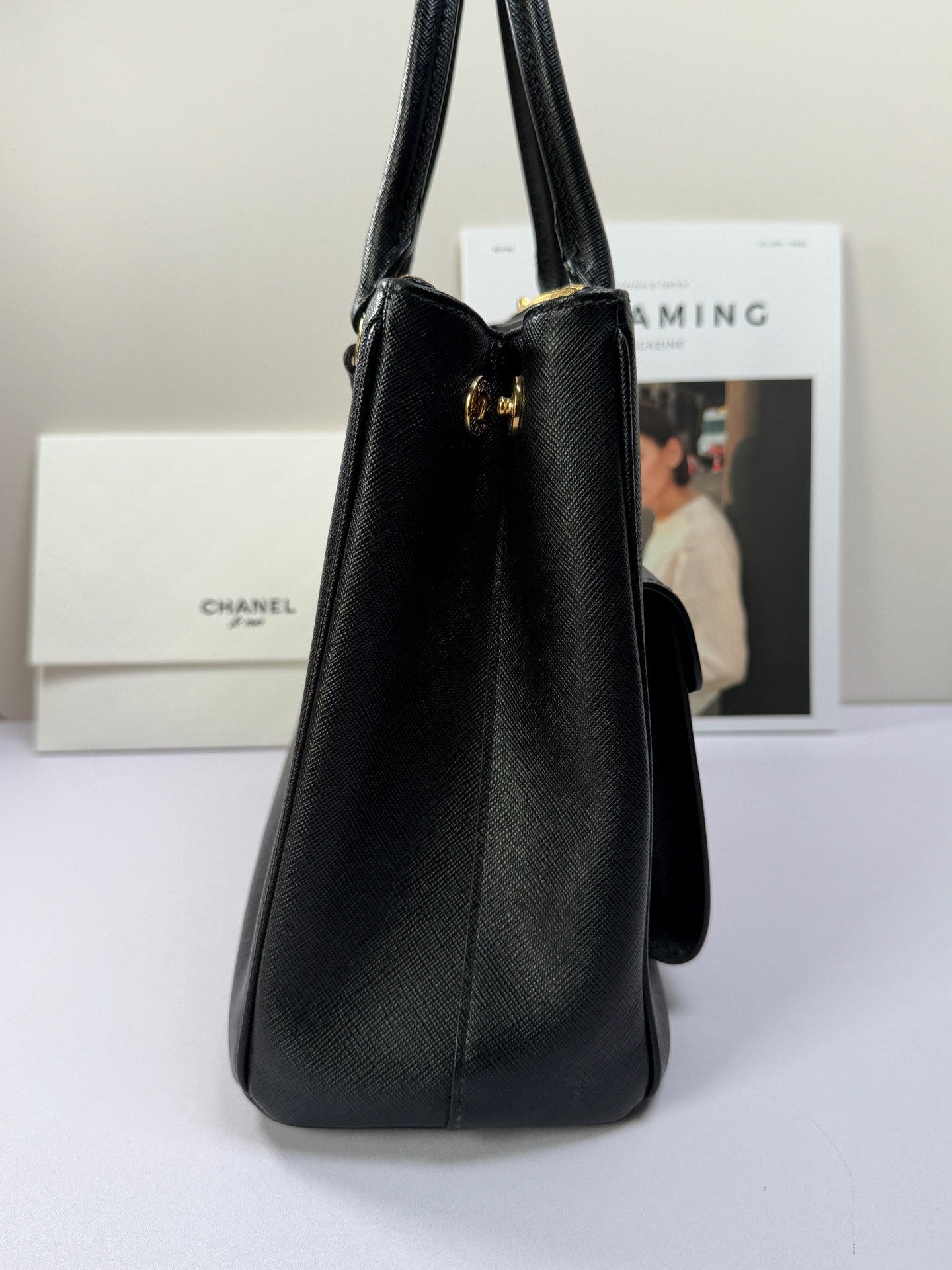 Prada Front Pocket Tote Top Handle Bag Black Gold Used Women Classic