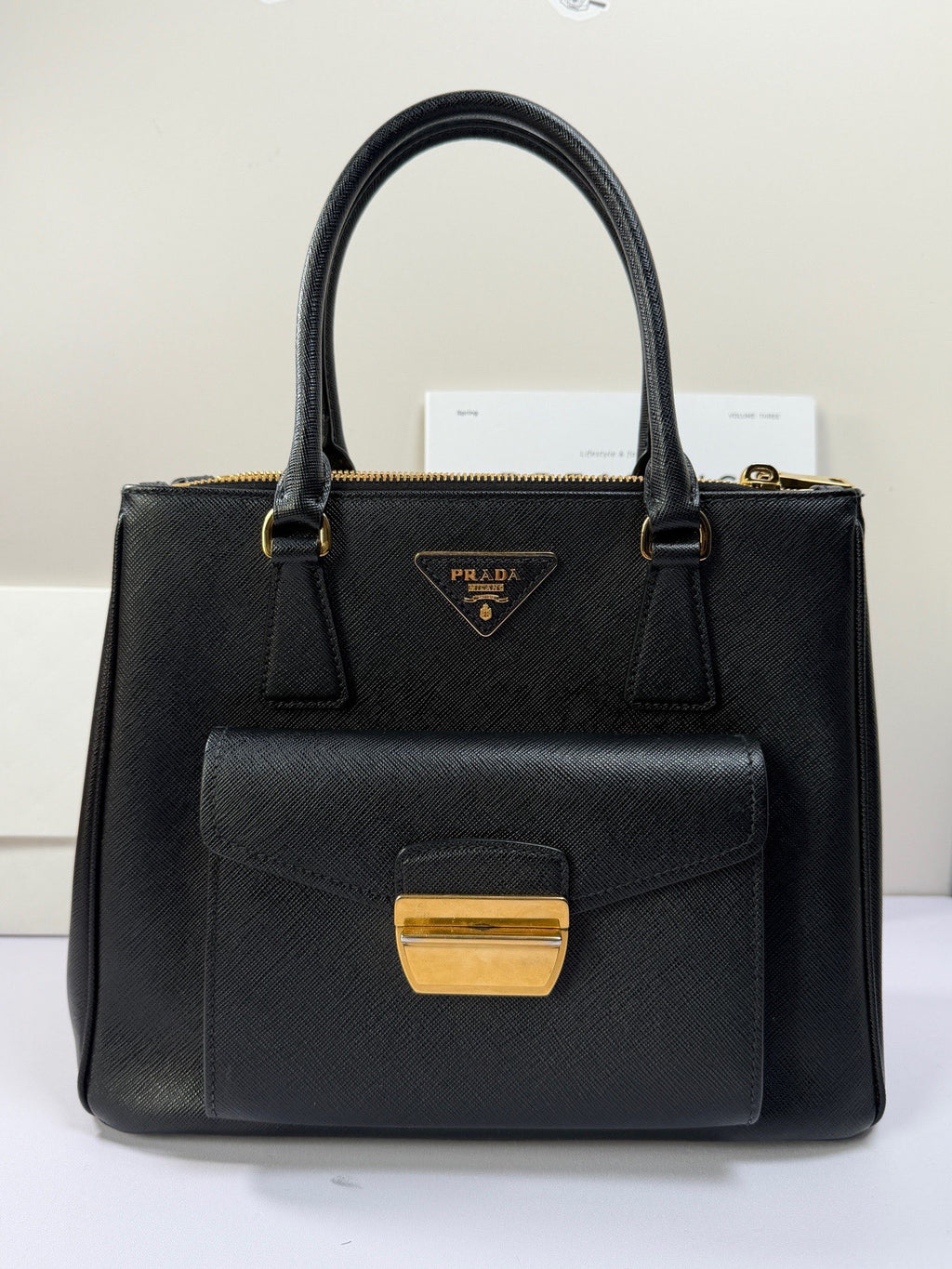 Prada Front Pocket Tote Top Handle Bag Black Gold Used Women Classic