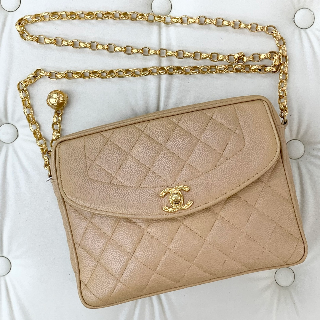 Chanel Calfskin Chain Shoulder Cossbody Bag Beige Gold Hardware Women S