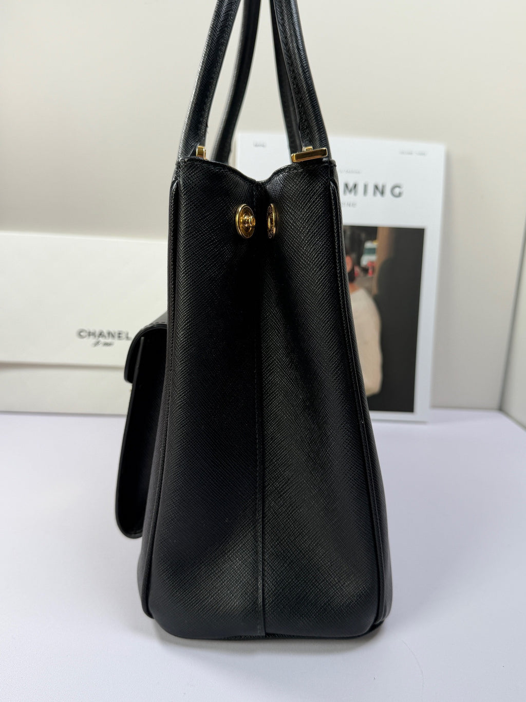 Prada Front Pocket Tote Top Handle Bag Black Gold Used Women Classic