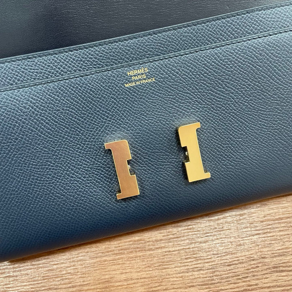 Hermes Constance Epsom Leather Wallet Blue Gold Used Women Classic