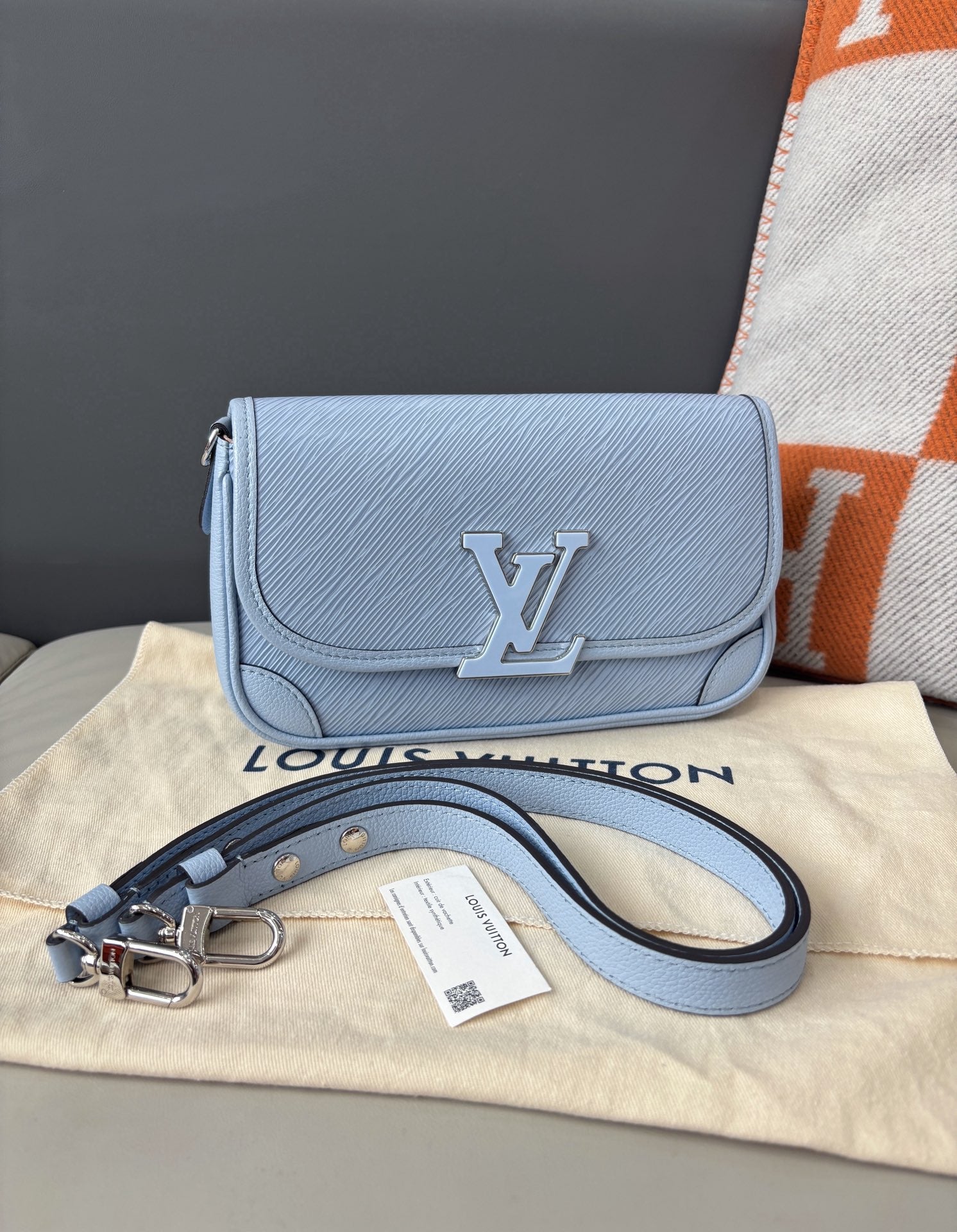 Louis Vuitton Buci Epi Leather Shoulder Bag Underarm Bag Light Blue LV Logo