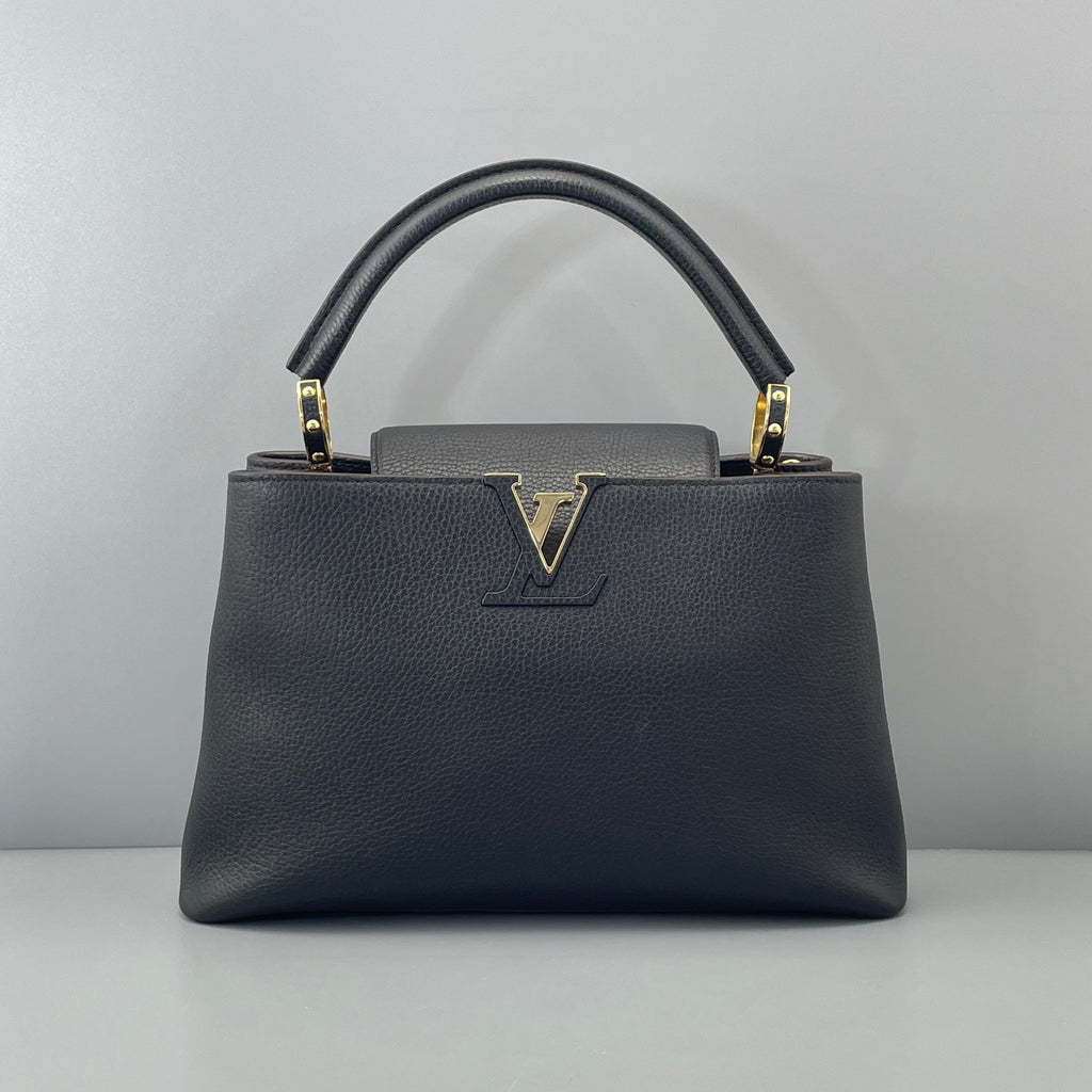 Louis Vuitton Capucines MM Tote Top Handle Bag Black Gold Hardware Women Classic
