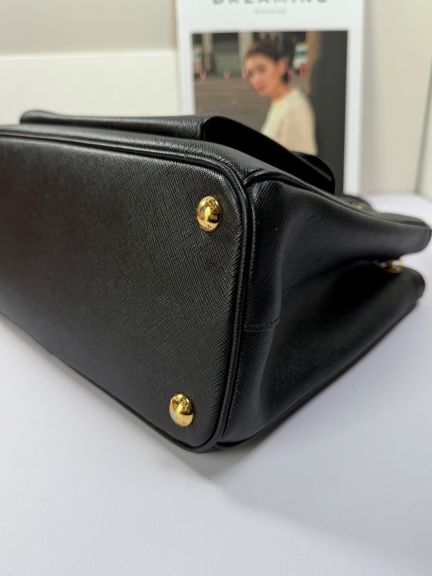 Prada Front Pocket Tote Top Handle Bag Black Gold Used Women Classic