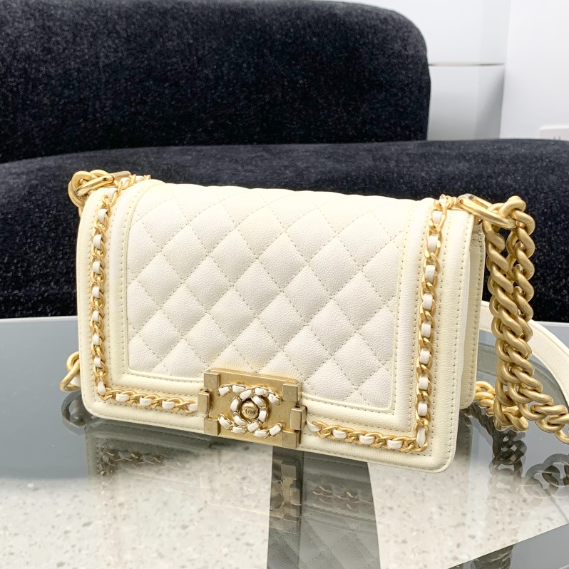 Chanel Leboy PM Chain Shoulder Bag Crossbody White Gold Women Classic S