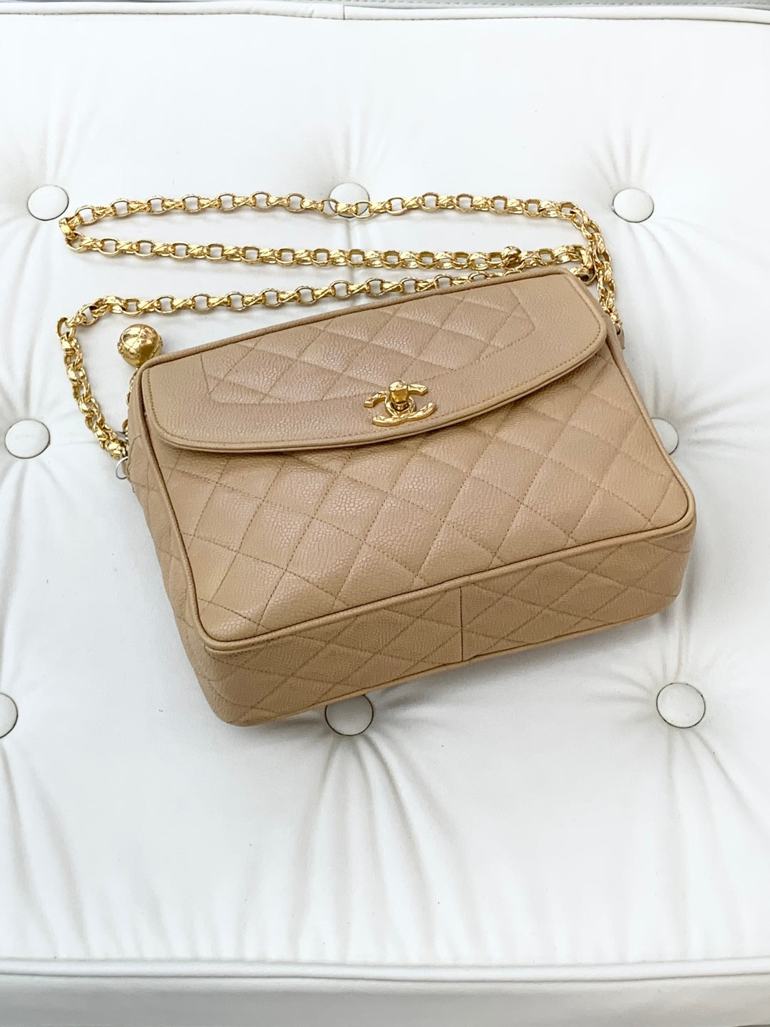 Chanel Calfskin Chain Shoulder Cossbody Bag Beige Gold Hardware Women S