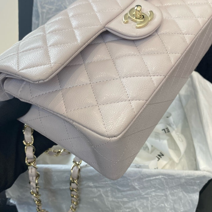 Chanel Classic Flap PM Calfskin Chain Shoulder Bag Crossbody Pink Gold Women D