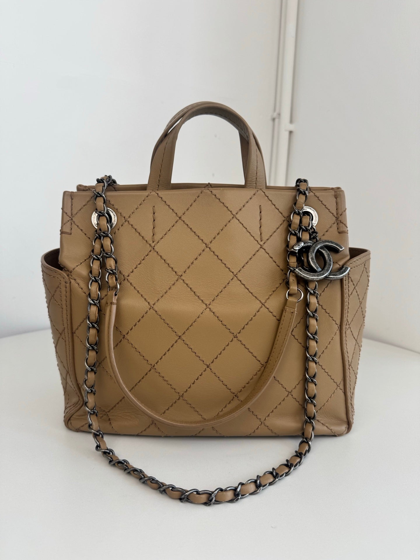 Chanel Calfskin PM Tote Handbag Chain Shoulder Bag Beige Silver Hardware