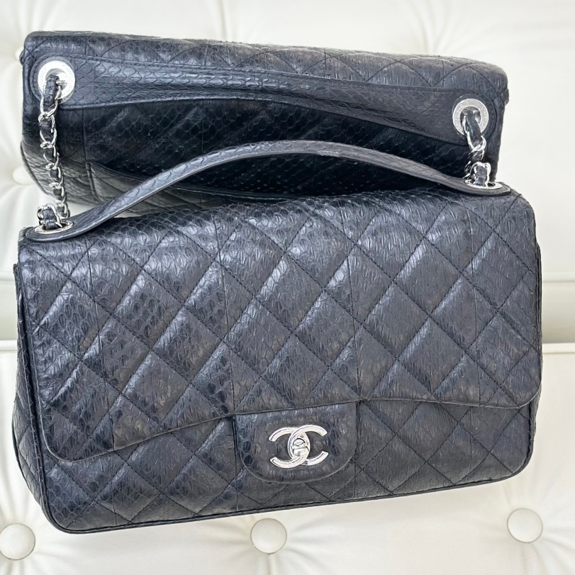 Chanel Classic Flap Jumbo Snakeskin Chain Top Handle Crossbody Bag Black Women S