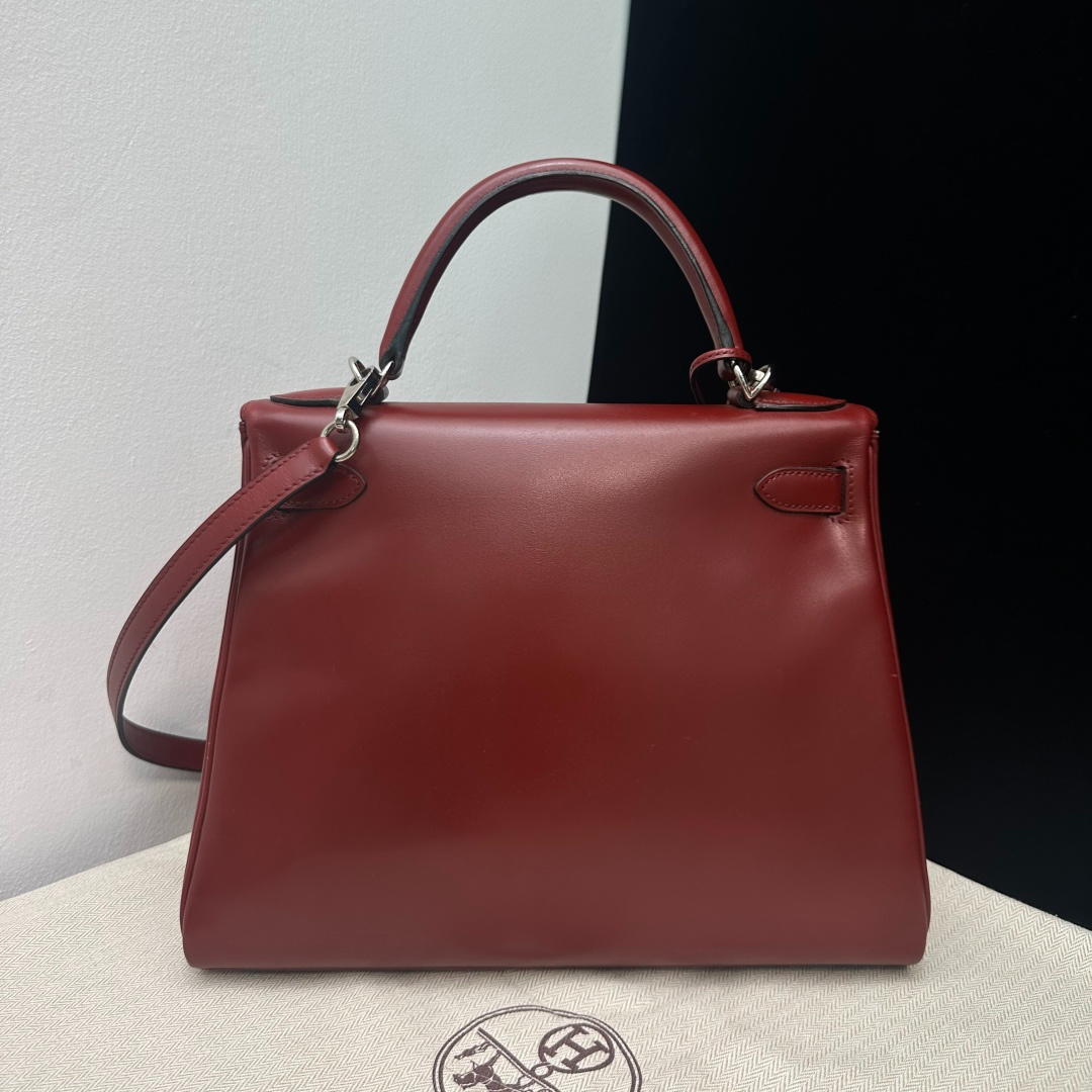 Hermes Kelly28 Box Leather Red Handbag Silver Hardware With Crossbody Strap