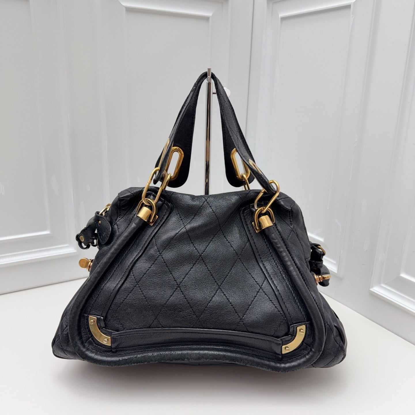 Chloe Paraty Calfskin Top Handle Shoulder Bag Black Gold Women Classic