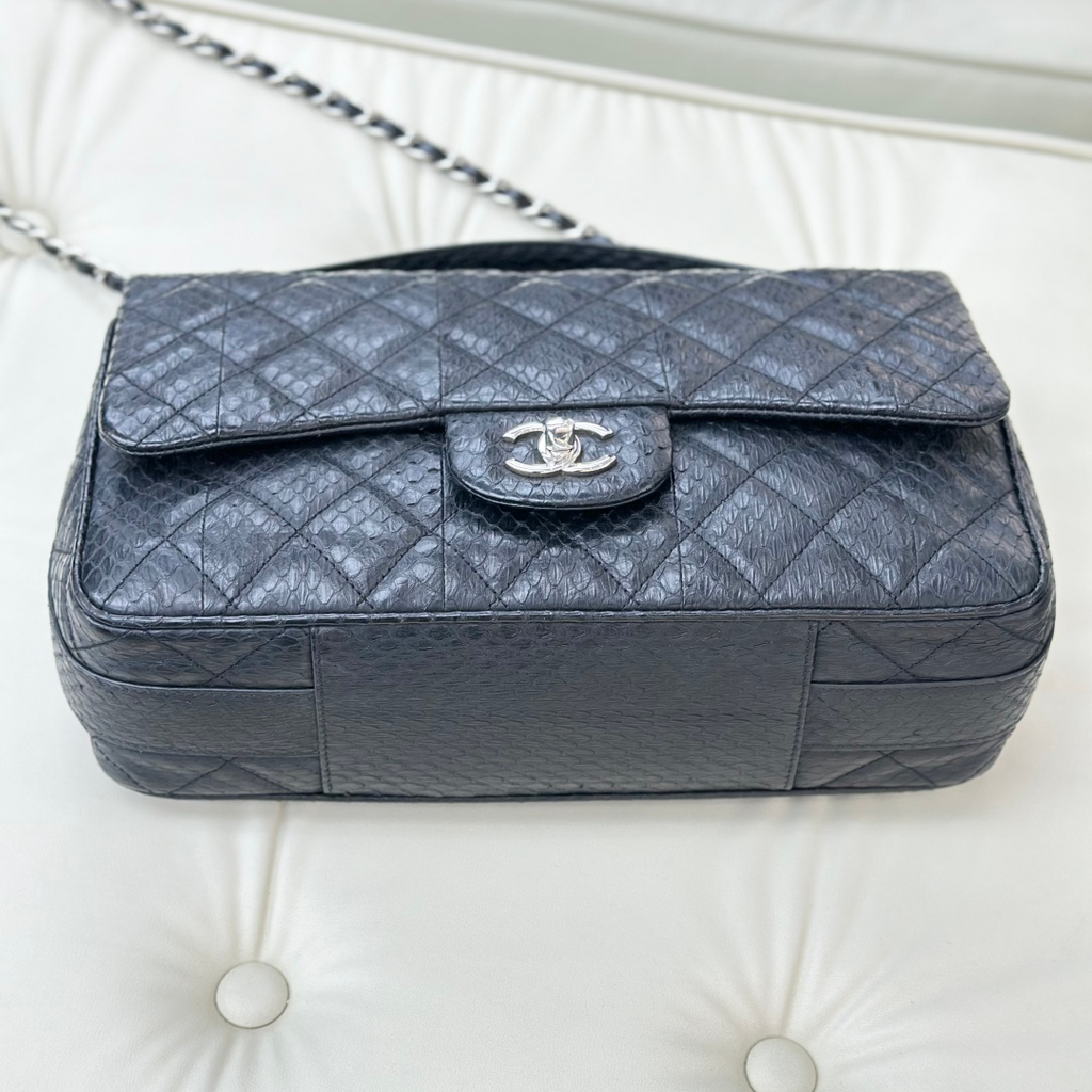 Chanel Classic Flap Jumbo Snakeskin Chain Top Handle Crossbody Bag Black Women S