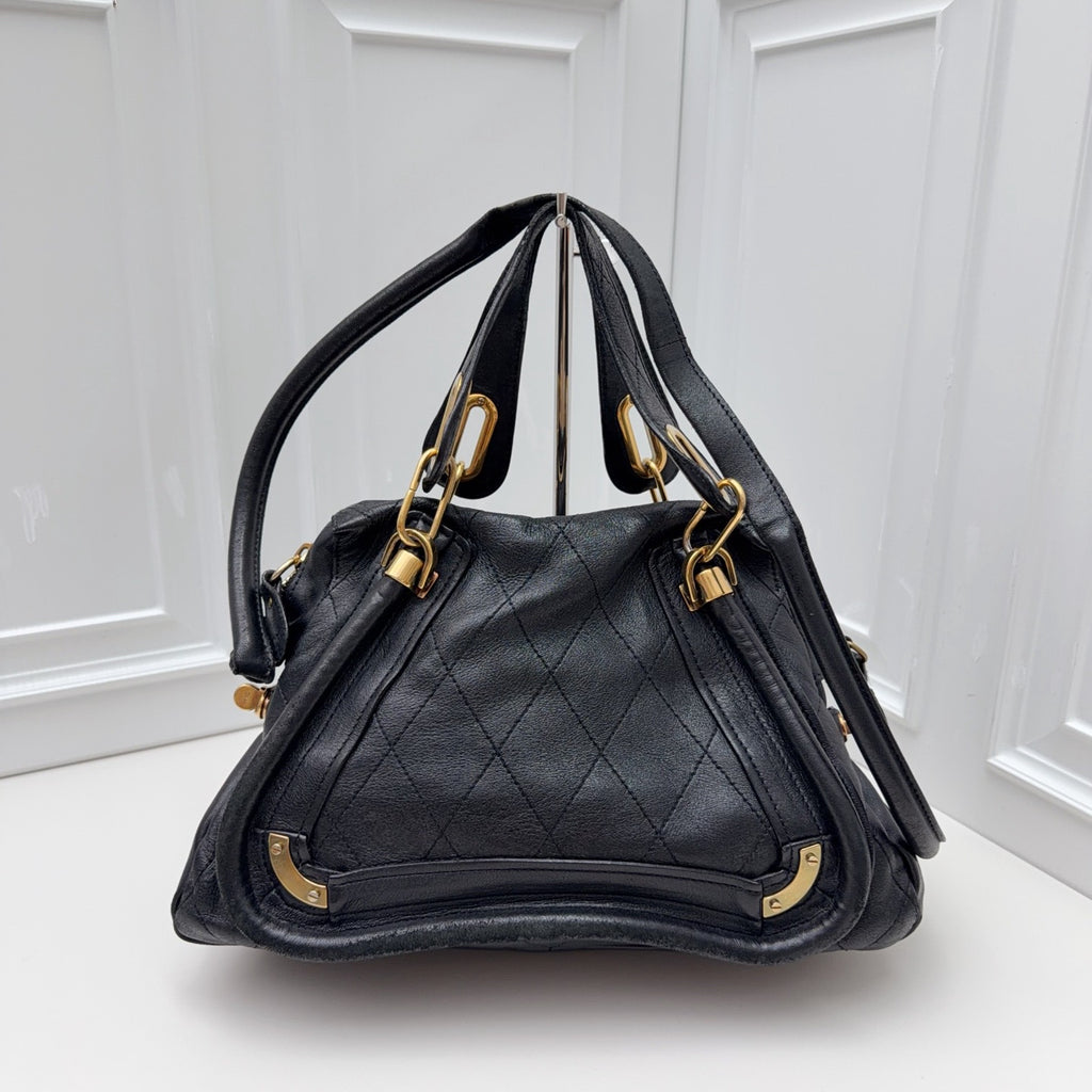 Chloe Paraty Calfskin Top Handle Shoulder Bag Black Gold Women Classic