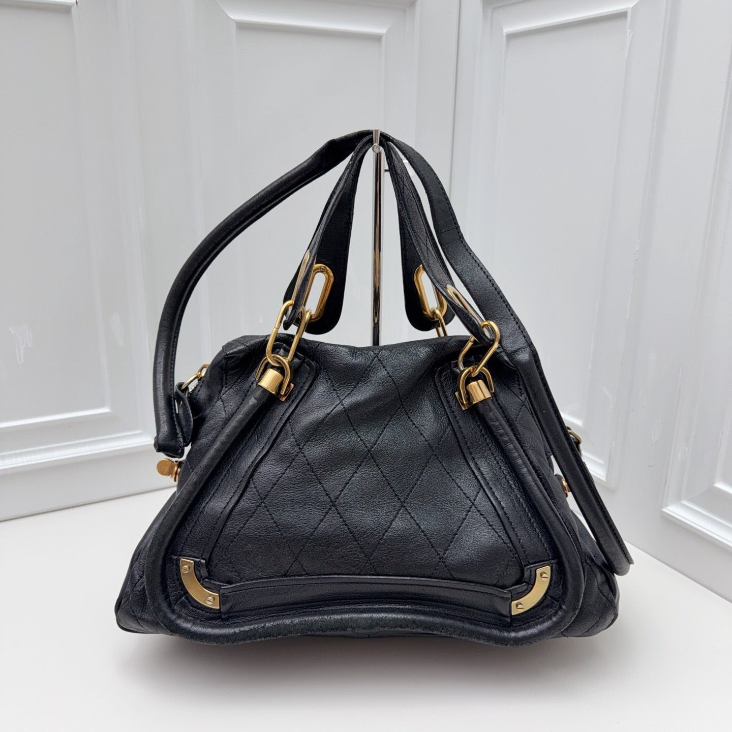 Chloe Paraty Calfskin Top Handle Shoulder Bag Black Gold Women Classic