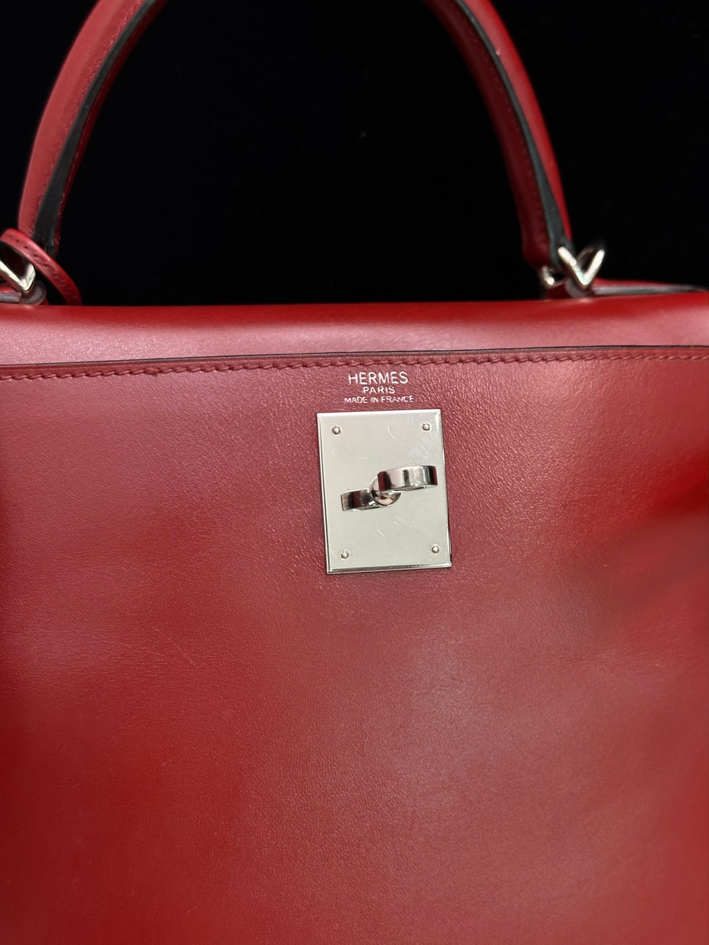 Hermes Kelly28 Box Leather Red Handbag Silver Hardware With Crossbody Strap