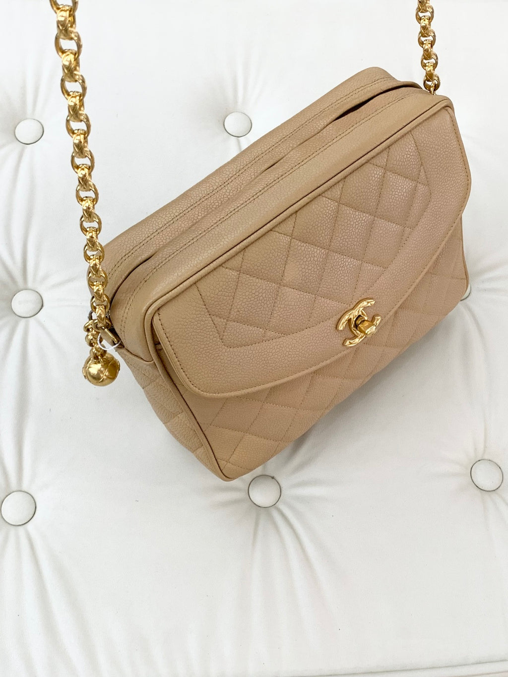 Chanel Calfskin Chain Shoulder Cossbody Bag Beige Gold Hardware Women S
