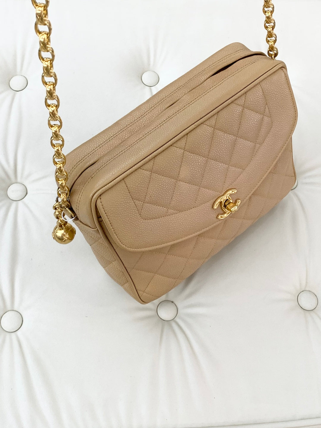 Chanel Calfskin Chain Shoulder Cossbody Bag Beige Gold Hardware Women S