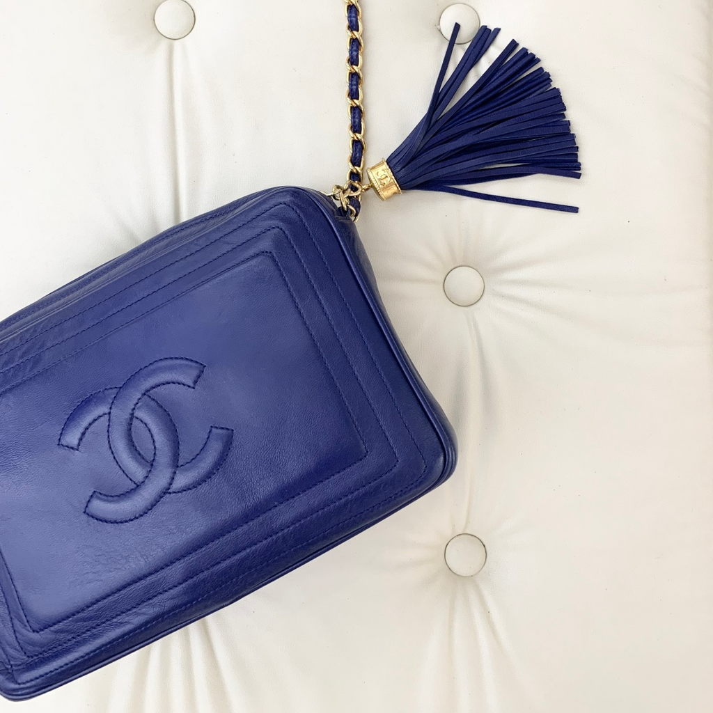 Chanel Tassel Calfskin Chain Shoulder Crossbody Bag Blue Gold Hardware Women S