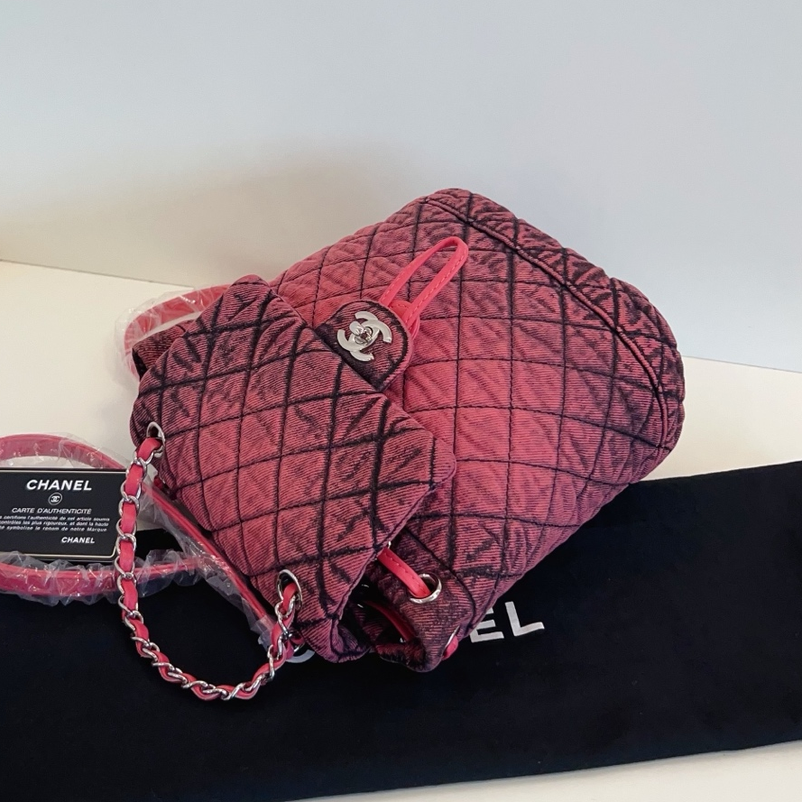 Chanel Washed Denim Backpack Mini Diamond Pink Silver Used Women Classic