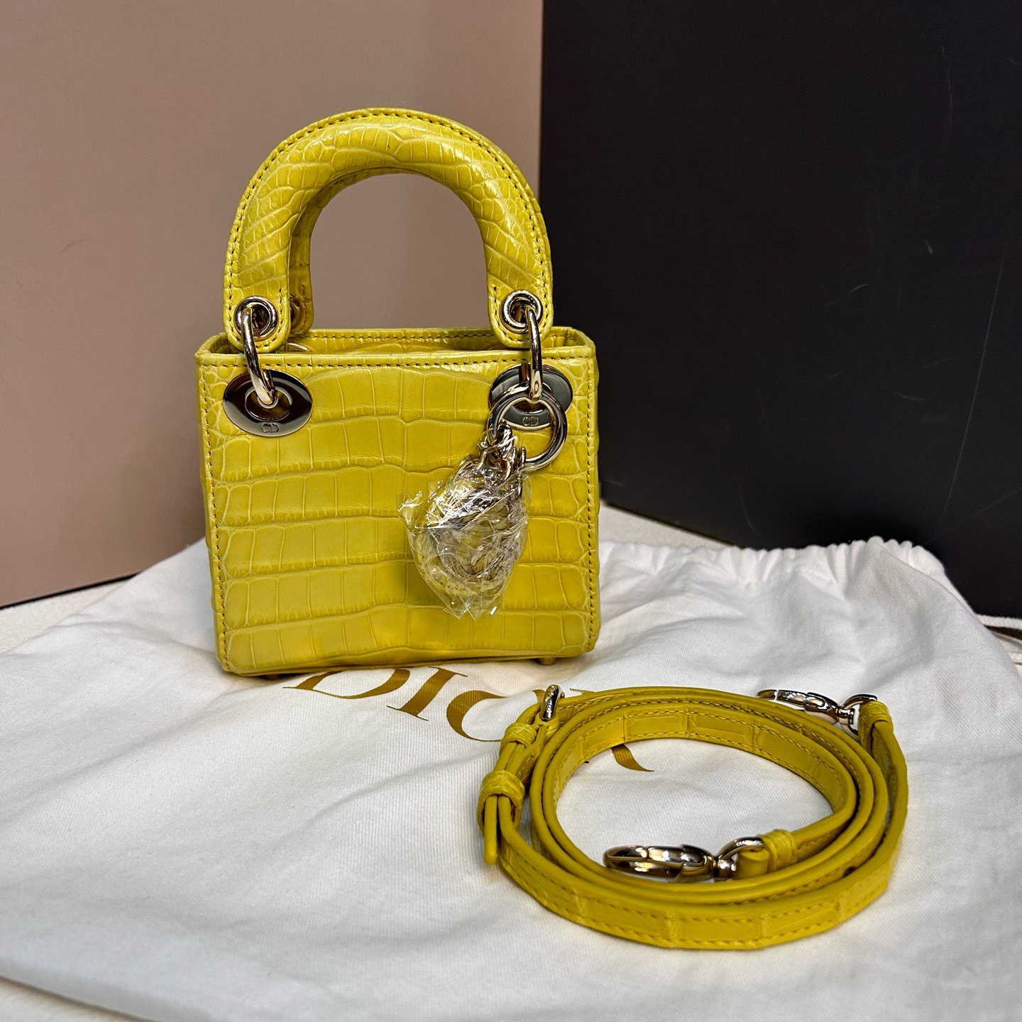 Dior Lady Dior Gold Crossbody Handbag Excellent