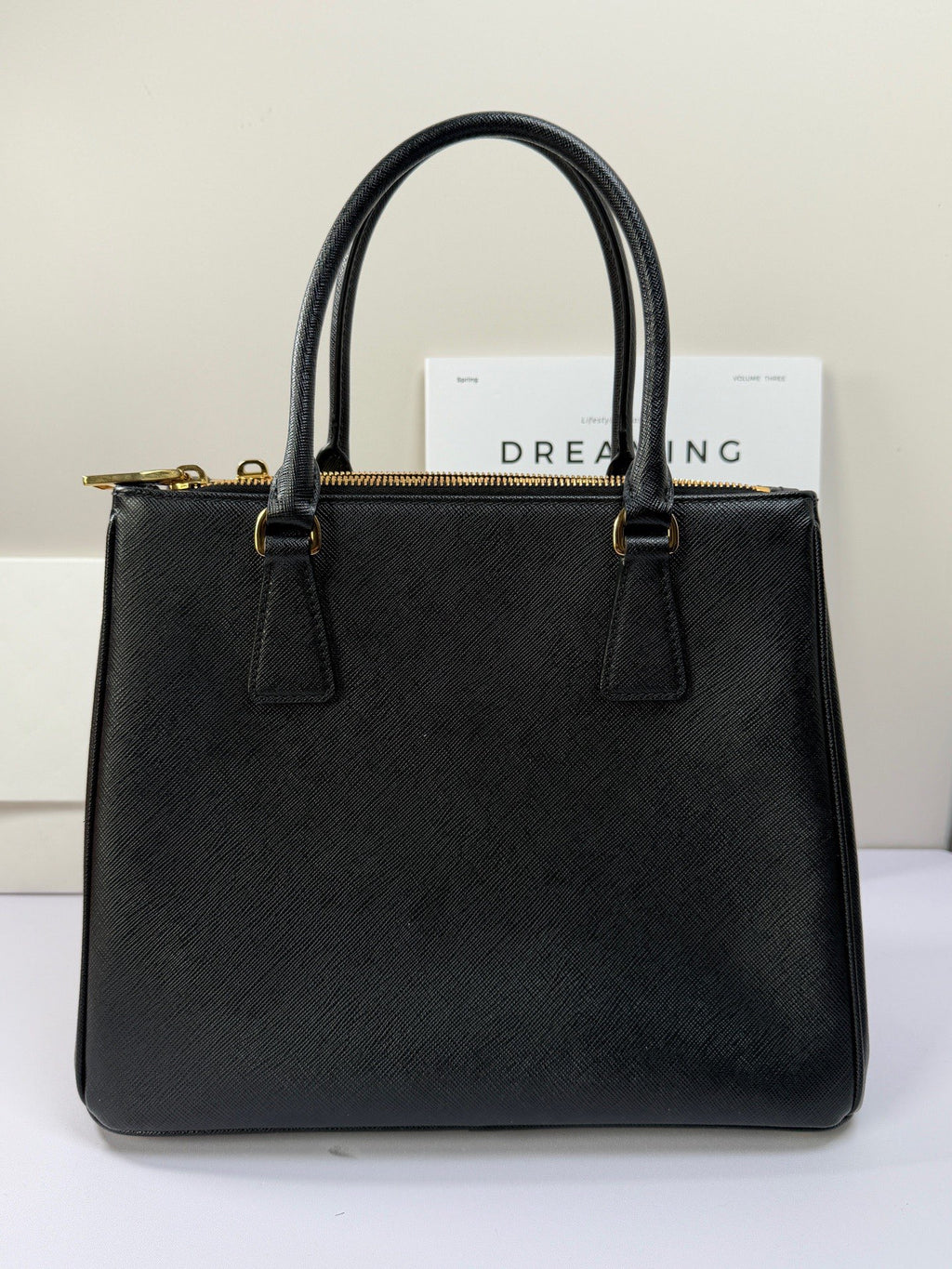 Prada Front Pocket Tote Top Handle Bag Black Gold Used Women Classic