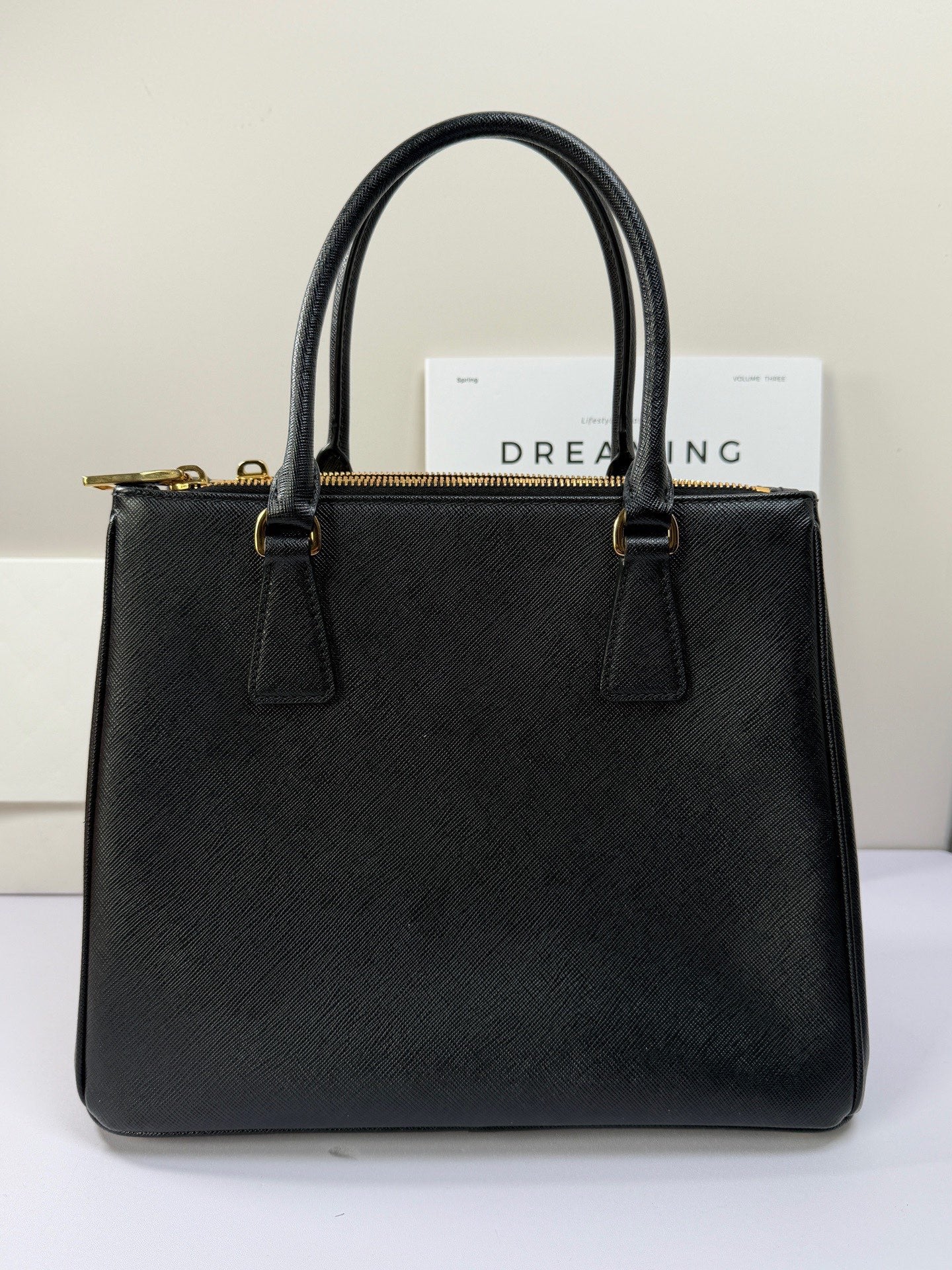 Prada Front Pocket Tote Top Handle Bag Black Gold Used Women Classic