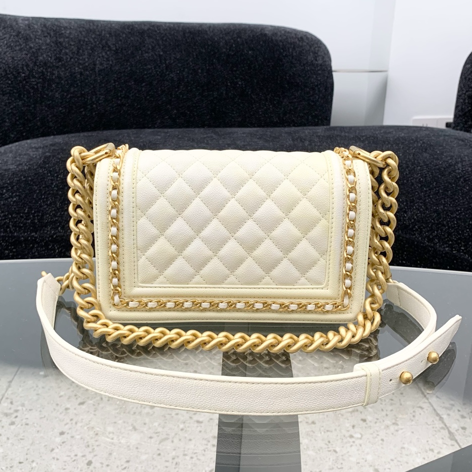 Chanel Leboy PM Chain Shoulder Bag Crossbody White Gold Women Classic S