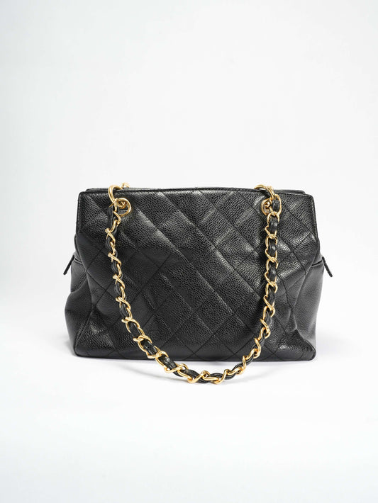 Chanel Patent Pouch Tote in Black Pebbled Leather with Gold-Tone Hardware - Pre-Owned