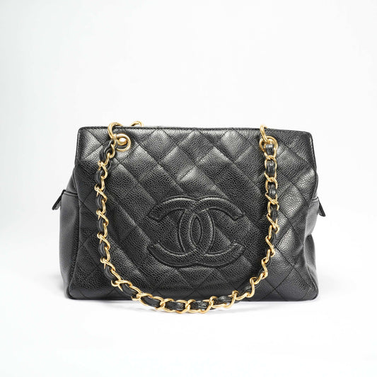 Chanel Patent Pouch Tote in Black Pebbled Leather with Gold-Tone Hardware