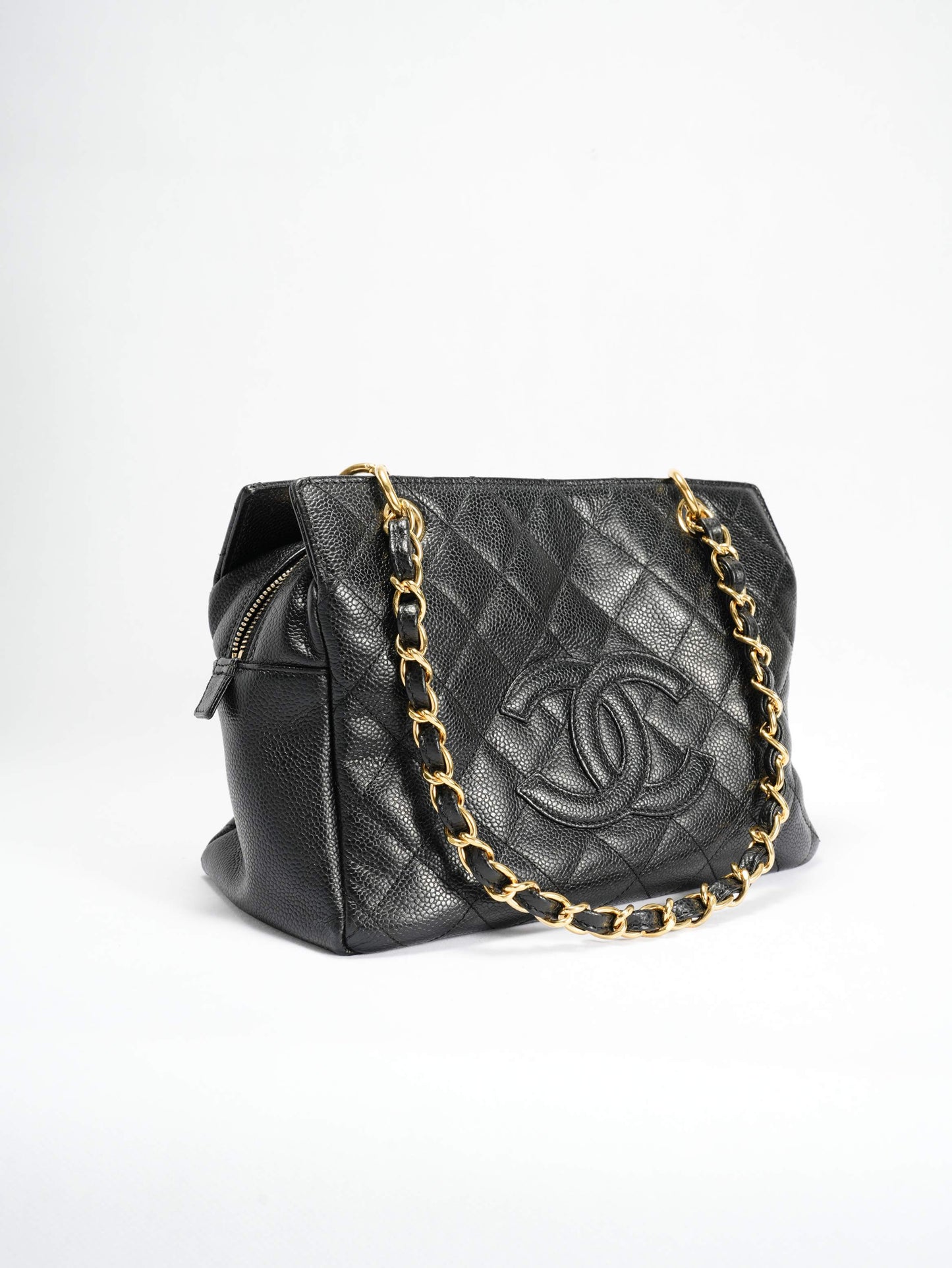 Chanel Patent Pouch Tote in Black Pebbled Leather with Gold-Tone Hardware